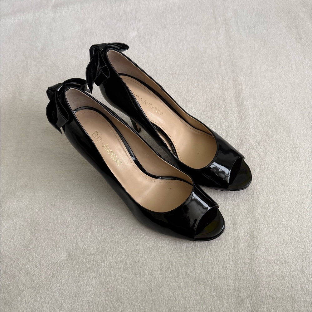 Enzo Angiolini Black Patent Peep-Toe Heels with Bow Size 8.5 - Picture 3 of 11